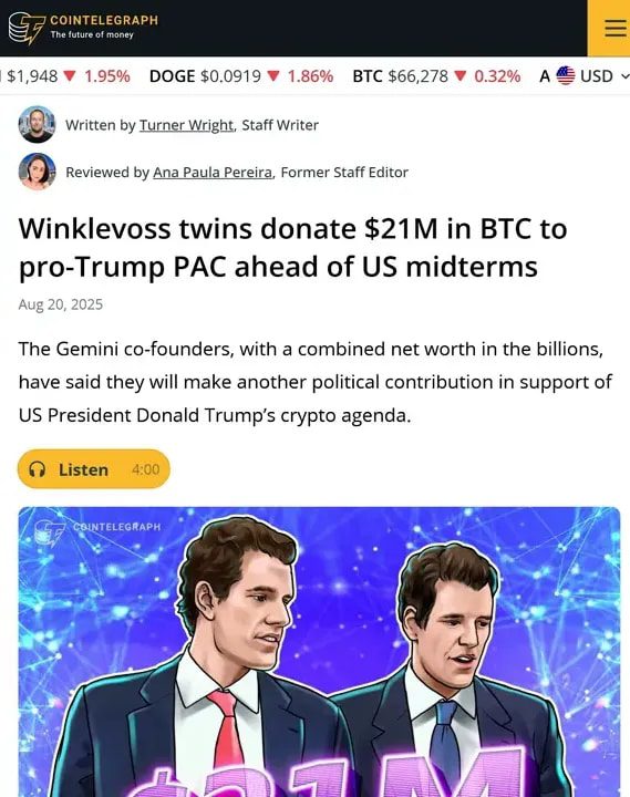 Screenshot of a Cointelegraph article headline reporting a $21M bitcoin donation next to the presenter