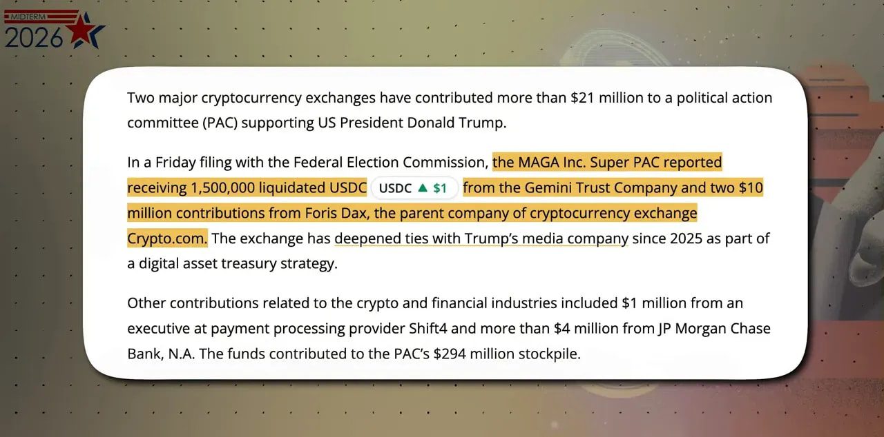 Clear screenshot of an article excerpt with highlighted text describing $1,500,000 USDC and contributions from Crypto.com to a super PAC.
