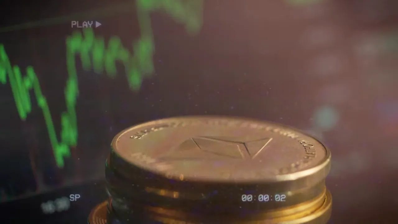 Stack of cryptocurrency coins (Ethereum) with a green price chart in the background