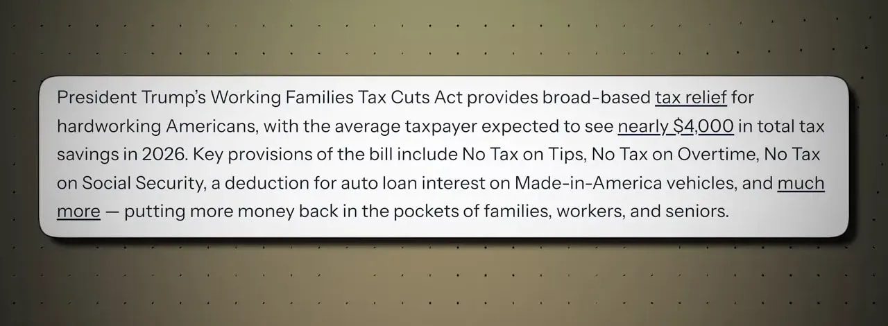 On-screen text about tax cuts and 'nearly $4,000' in average taxpayer savings