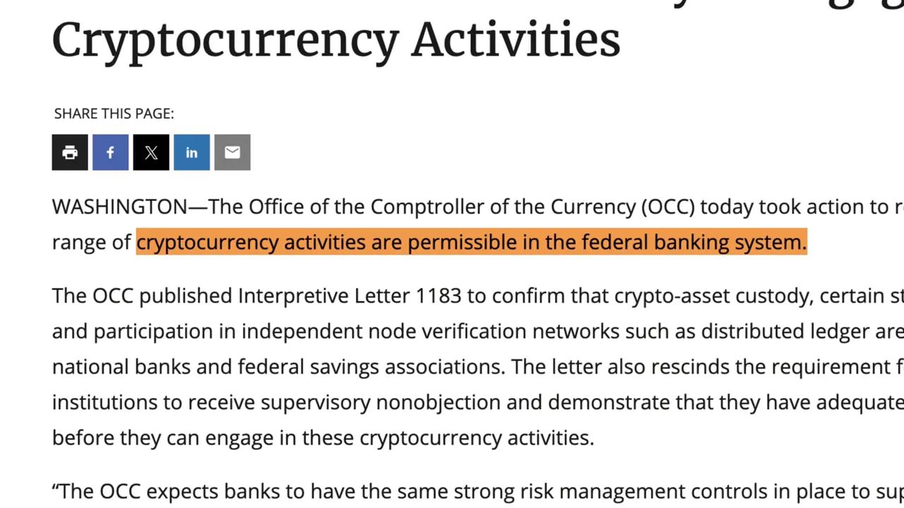 Close-up screenshot of an OCC press release with the phrase 'cryptocurrency activities are permissible in the federal banking system' highlighted.
