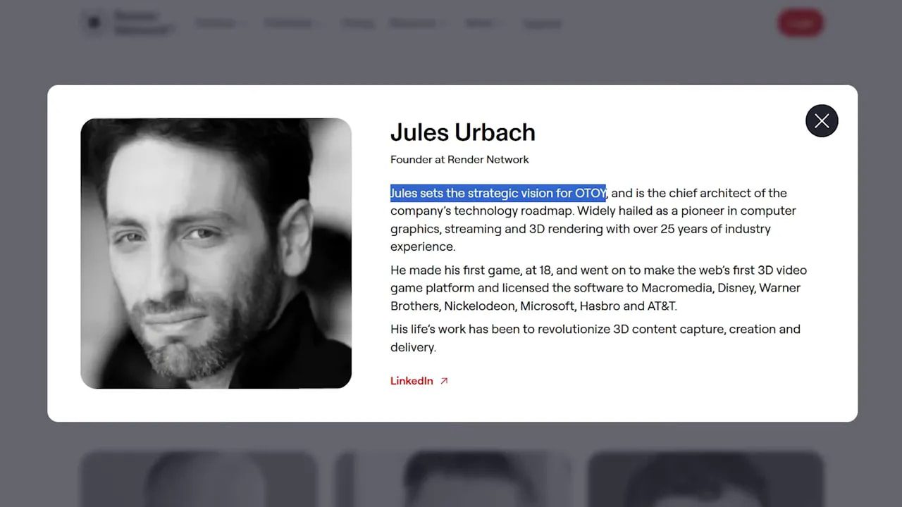 Website modal with a black-and-white portrait and biography text on the Render Network site