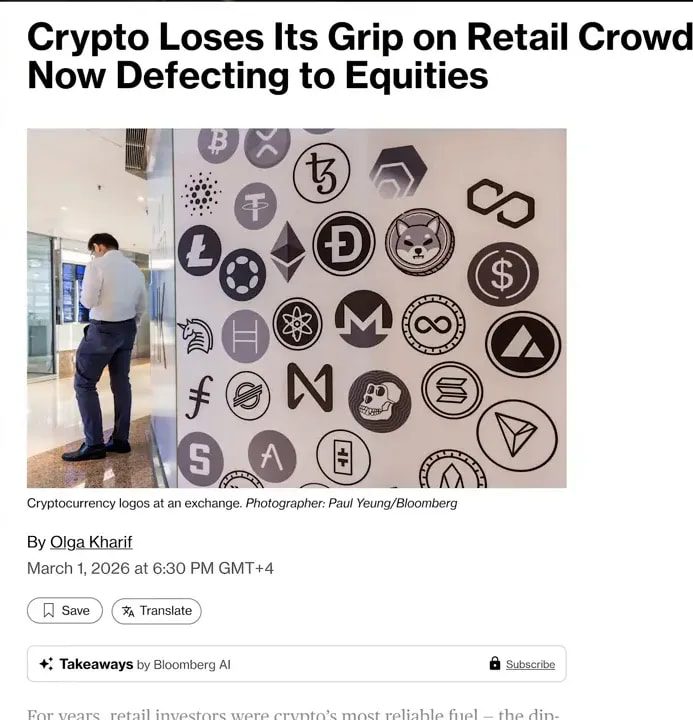 screenshot of an article titled 'Crypto Loses Its Grip on Retail Crowd Now Defecting to Equities' shown next to a presenter