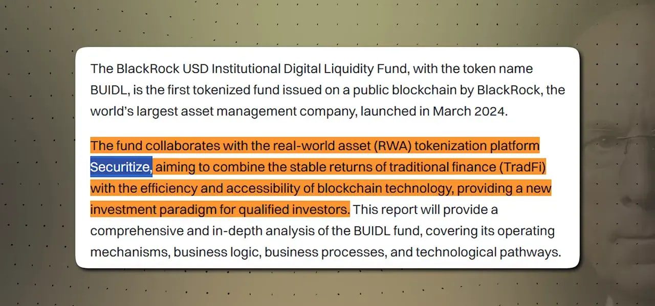 Clear report excerpt showing highlighted lines that reference Securitize and the BUIDL tokenized fund, with CoinBureau branding.