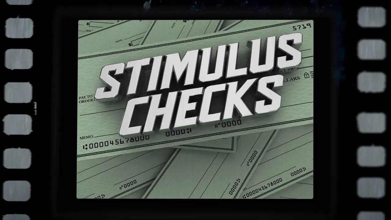 retro-style graphic with large text reading 'STIMULUS CHECKS' over stacked check illustrations