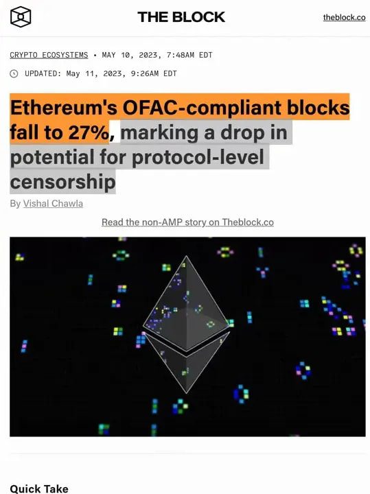 Presenter at left with The Block article headline 'Ethereum's OFAC-compliant blocks fall to 27%' clearly visible on the right.