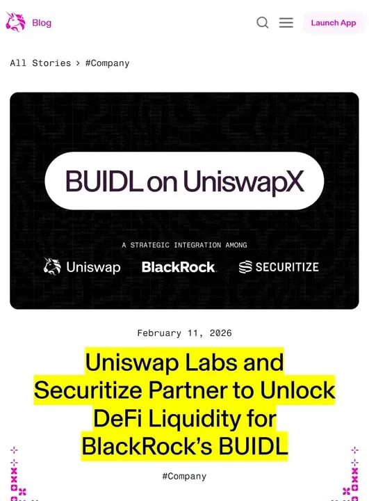 Split-screen: presenter on the left and a UniswapX 'BUIDL on UniswapX' announcement with BlackRock and Securitize branding on the right.