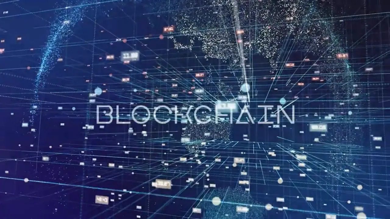 Abstract blockchain network background with the word blockchain displayed