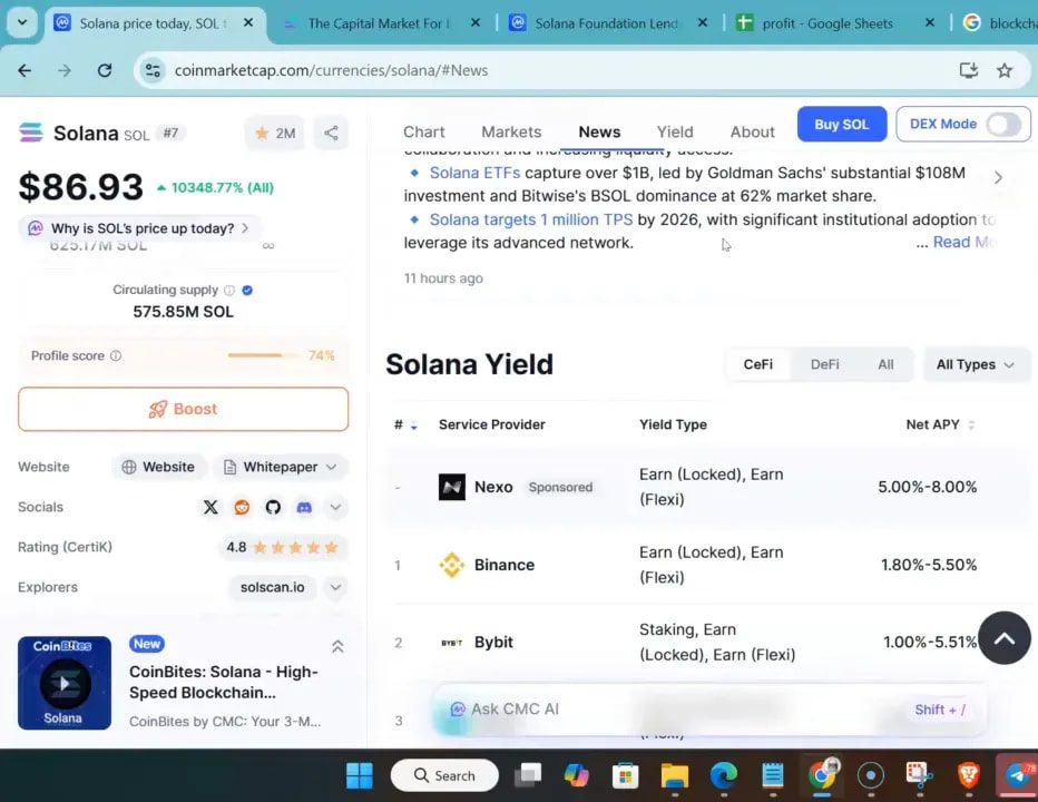 CoinMarketCap Solana (SOL) yield providers table screenshot