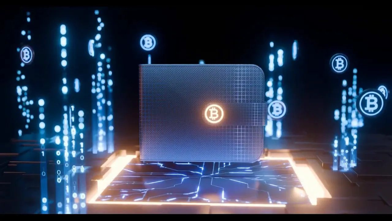 Illustration of a crypto hardware wallet with bitcoin icons