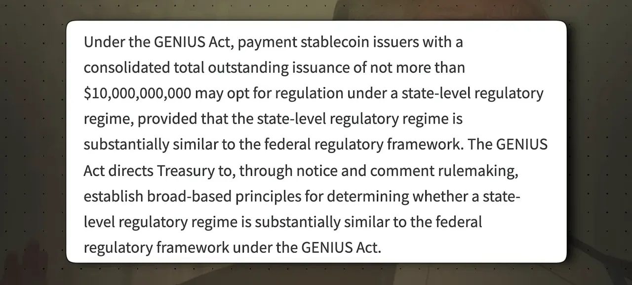 On-screen text describing GENIUS Act regulation thresholds for payment stablecoin issuers and state versus federal regulatory regimes