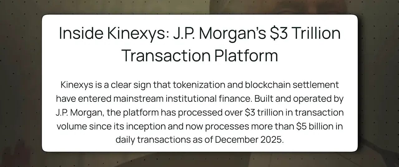 News card explaining Kinexys processed over $3 trillion and more than $5 billion daily as of December 2025