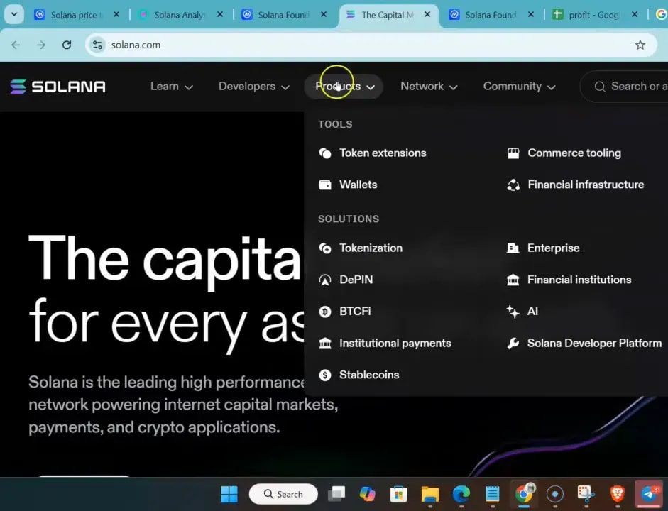 Solana official website products menu showing enterprise and financial infrastructure tools