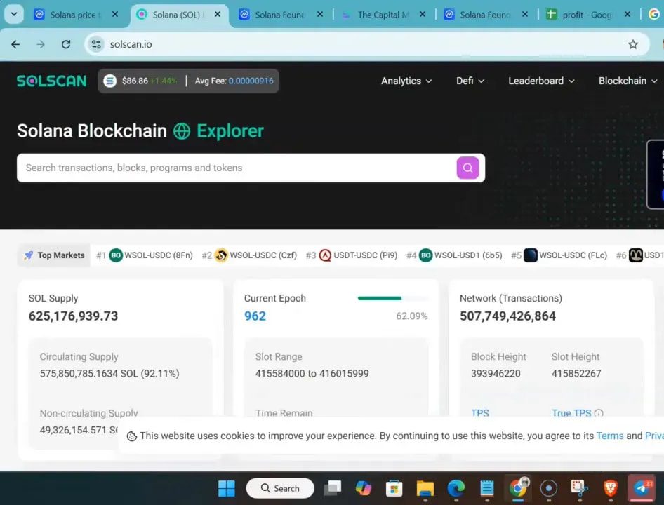 SOLSCAN Solana Blockchain Explorer dashboard showing Solana network stats