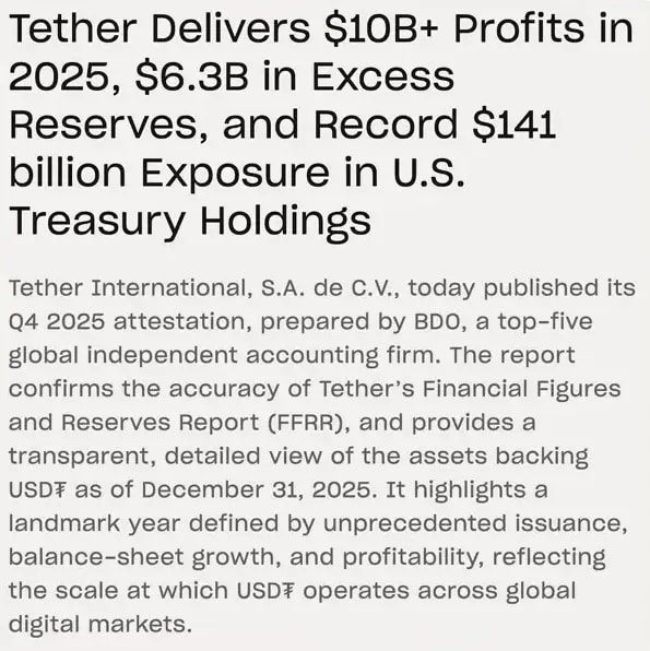 Screenshot summarizing Tether profits, excess reserves, and US Treasury holdings exposure