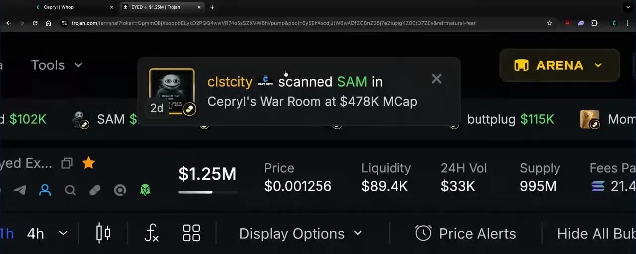 Trojan Terminal scan notification popup showing that SAM was scanned in Cepryl's War Room at $478K market cap