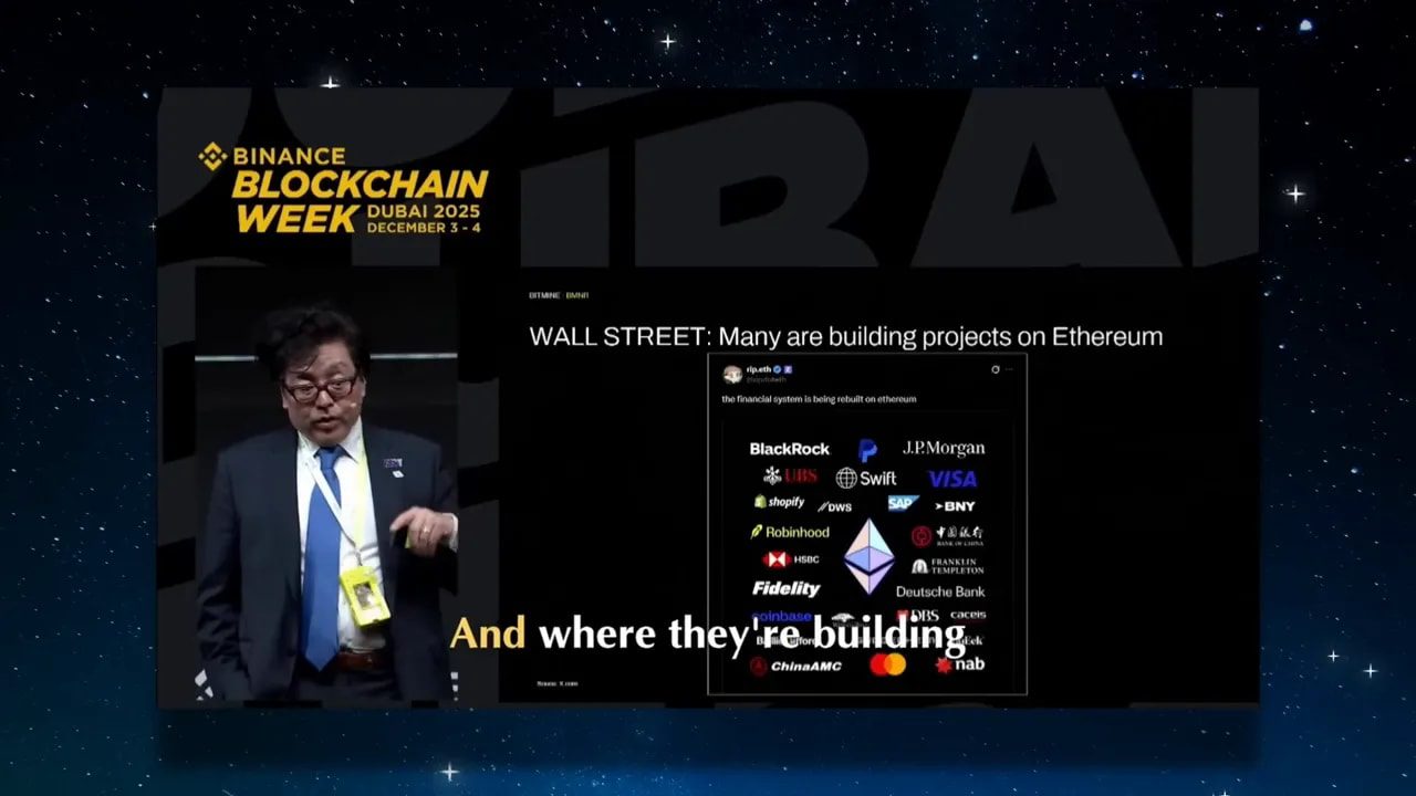 Slide from Binance Blockchain Week showing institutional names building on Ethereum