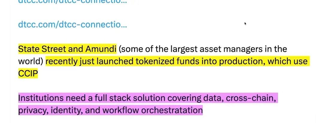 Screenshot highlighting Chainlink providing a bridge for tokenized funds and cross-chain connectivity