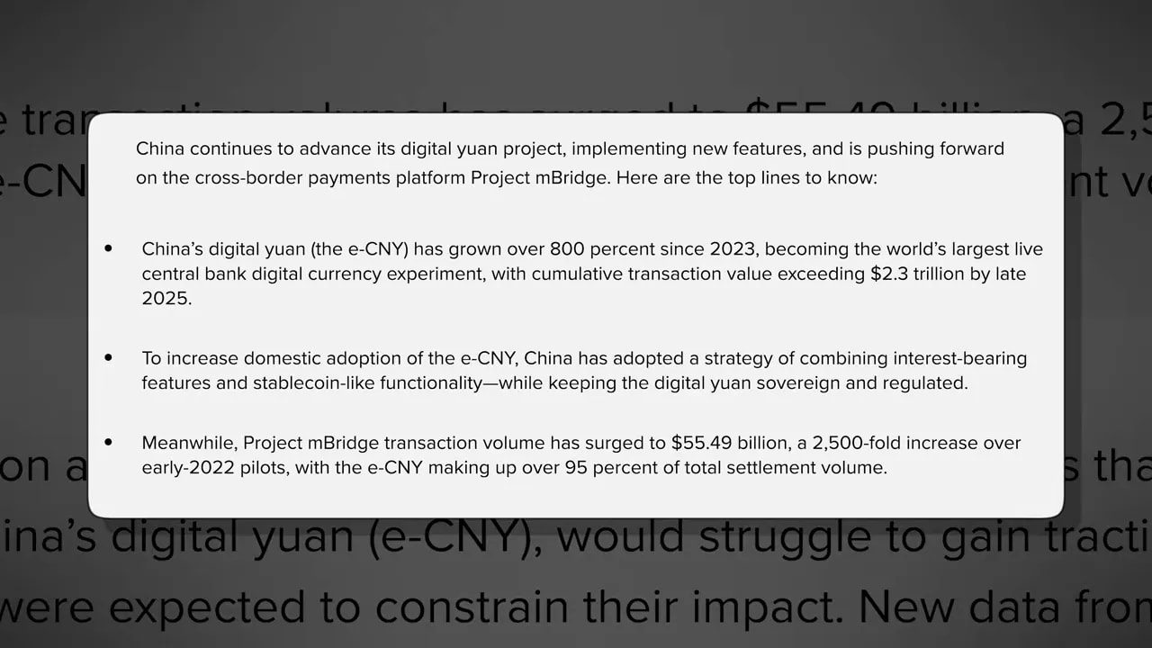 Clear on-screen bullet list summarizing China digital yuan e-CNY growth and mBridge volumes