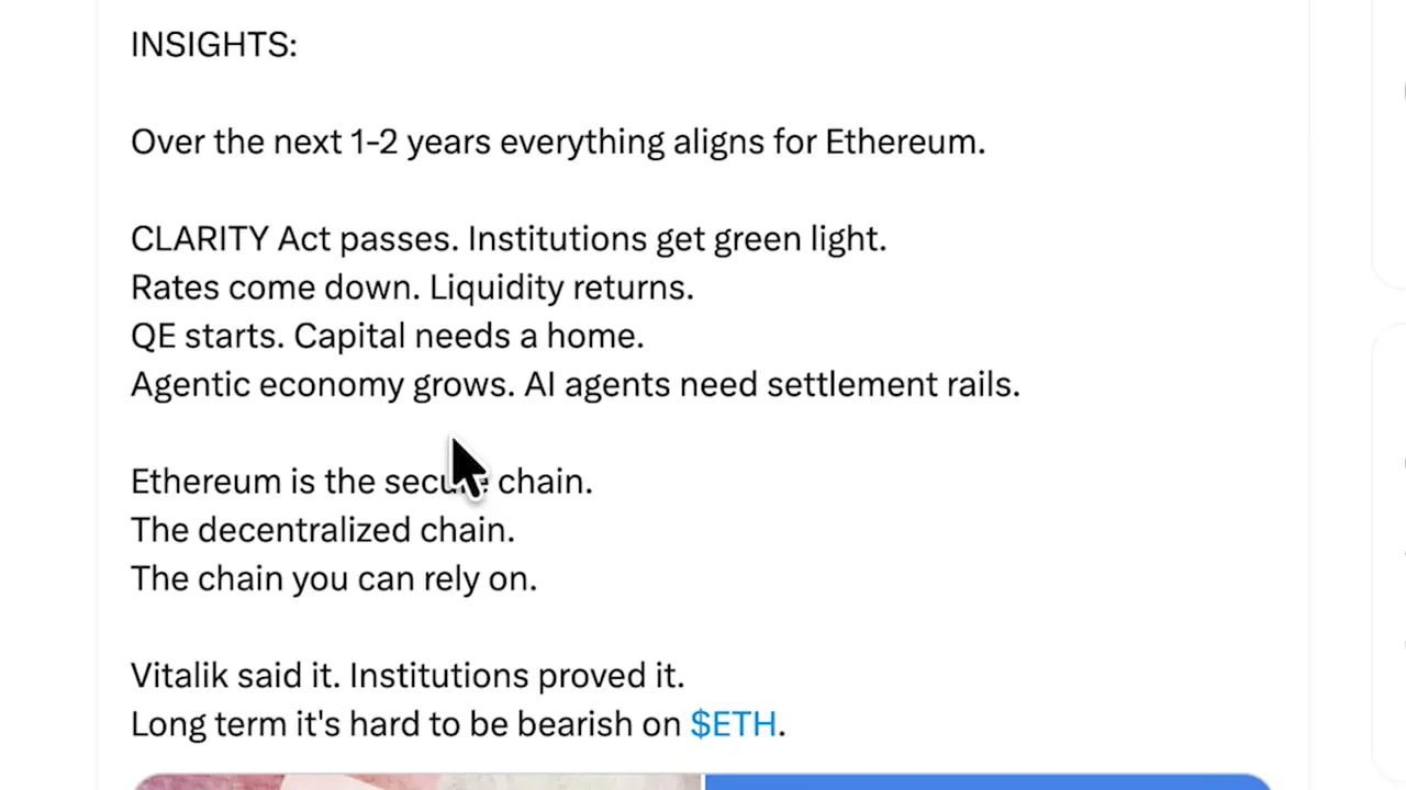 Close-up text from an X post listing Ethereum bullish catalysts including the CLARITY Act and rates down