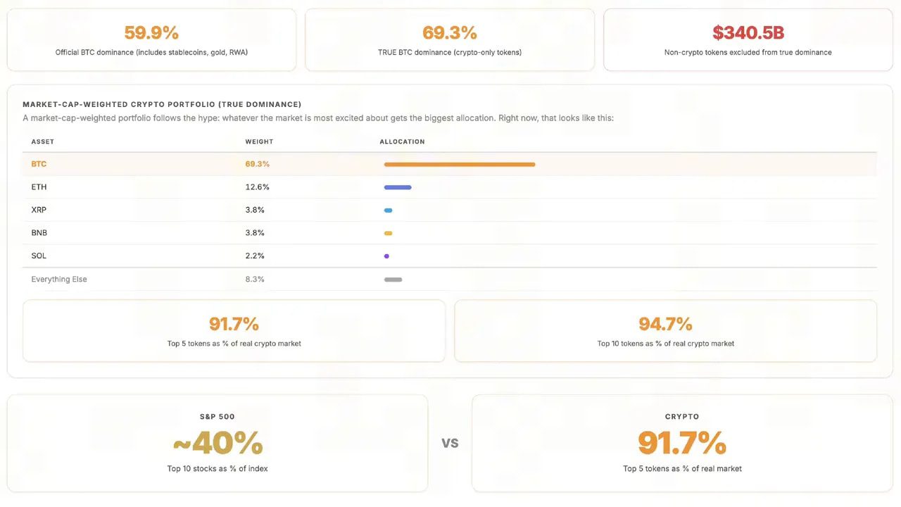 Chart showing crypto market dominance: Bitcoin around 69.3% and top 10 tokens around 91.7% of real crypto market