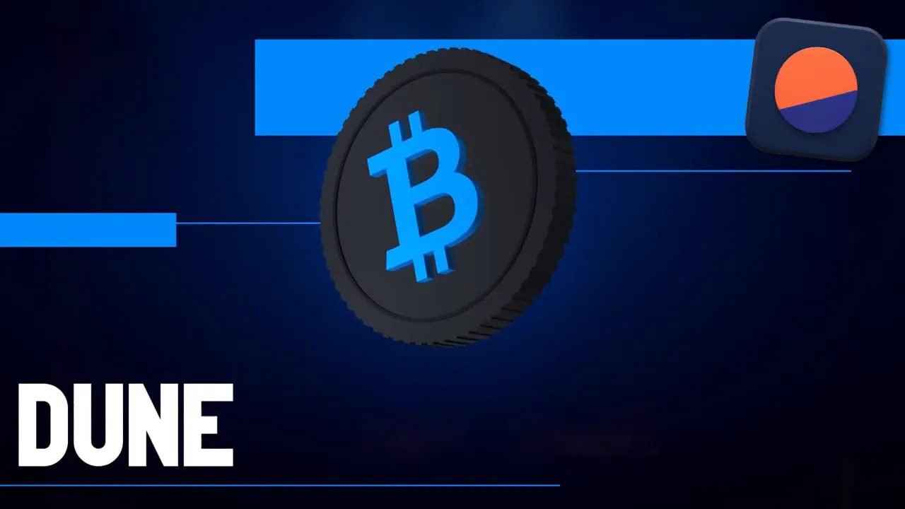 Dune Analytics branding screen with Bitcoin icon and “DUNE” text