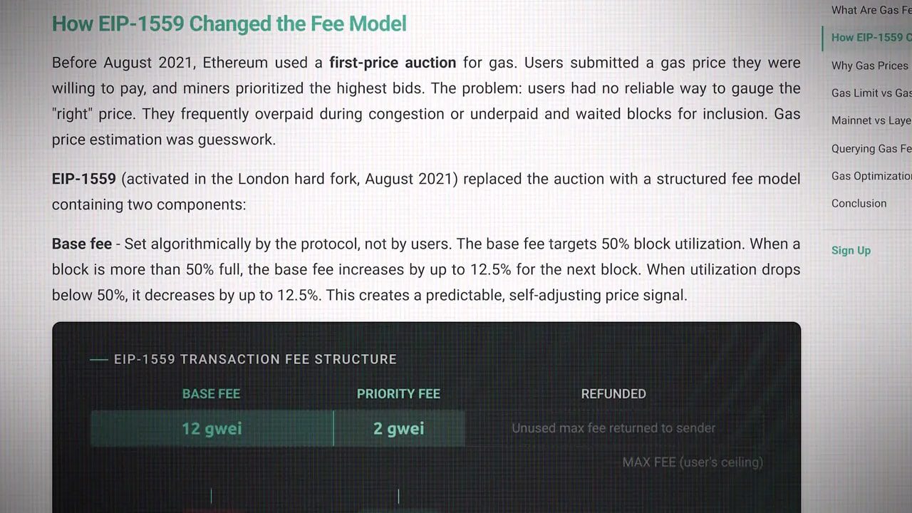 Screenshot of EIP-1559 explanation showing base fee and priority fee transaction fee structure