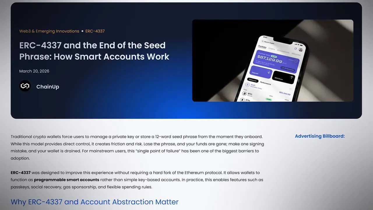 Screenshot slide showing ERC-4337 smart accounts with account abstraction and gas sponsorship context