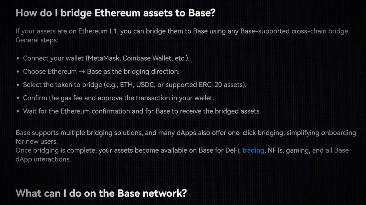 Screenshot explaining how to bridge Ethereum assets to Base