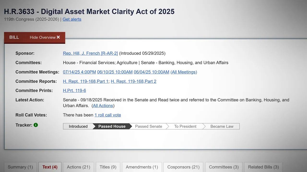 Bill tracker screenshot showing H.R. 3633 Digital Asset Market Clarity Act of 2025 details