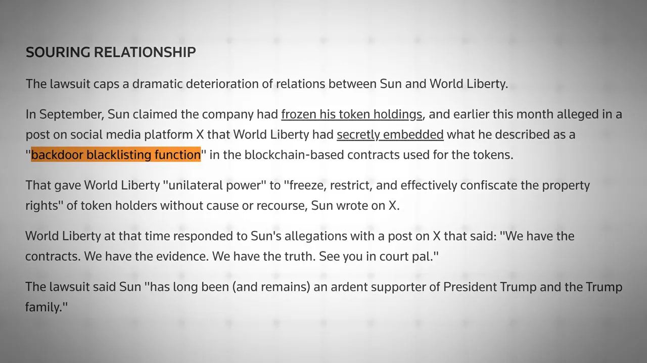 Detailed on-screen text describing the lawsuit over frozen tokens and alleged backdoor blacklisting function