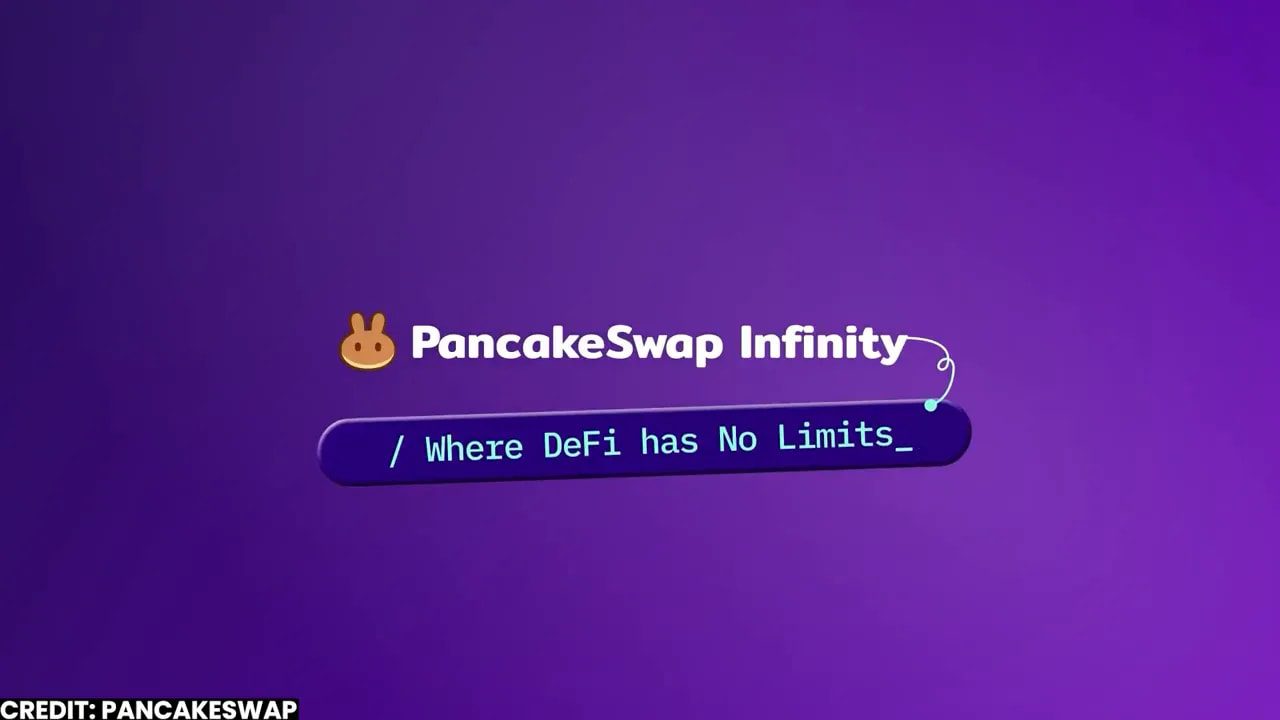 PancakeSwap Infinity title graphic with DeFi has no limits message on a purple background