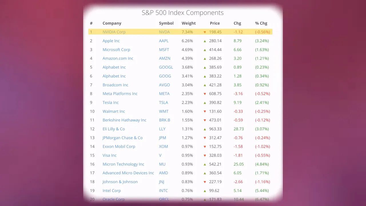 Screenshot of S&P 500 index components list showing top 20 companies and their weights, price changes, and percentage changes