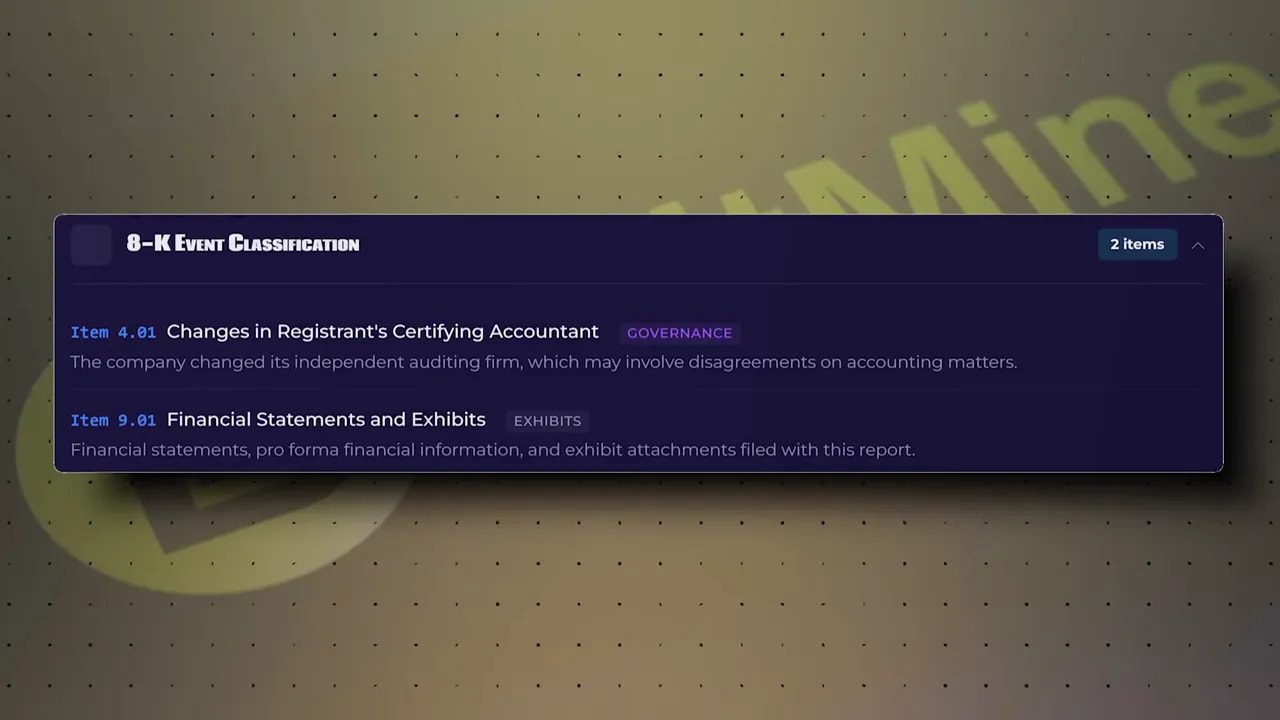 Screenshot showing SEC 8-K event classification items including changes in certifying accountant and financial statements exhibits