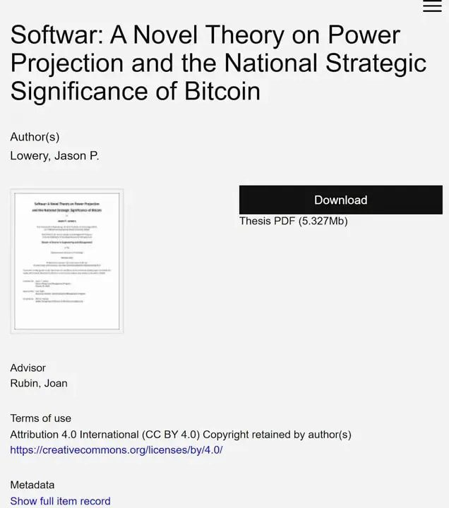 ‘Softwar’ thesis screenshot titled 'A Novel Theory on Power Projection and the National Strategic Significance of Bitcoin'