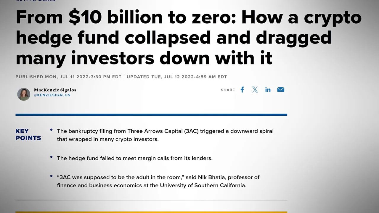 Article slide about Three Arrows Capital bankruptcy triggering a downward spiral for crypto investors
